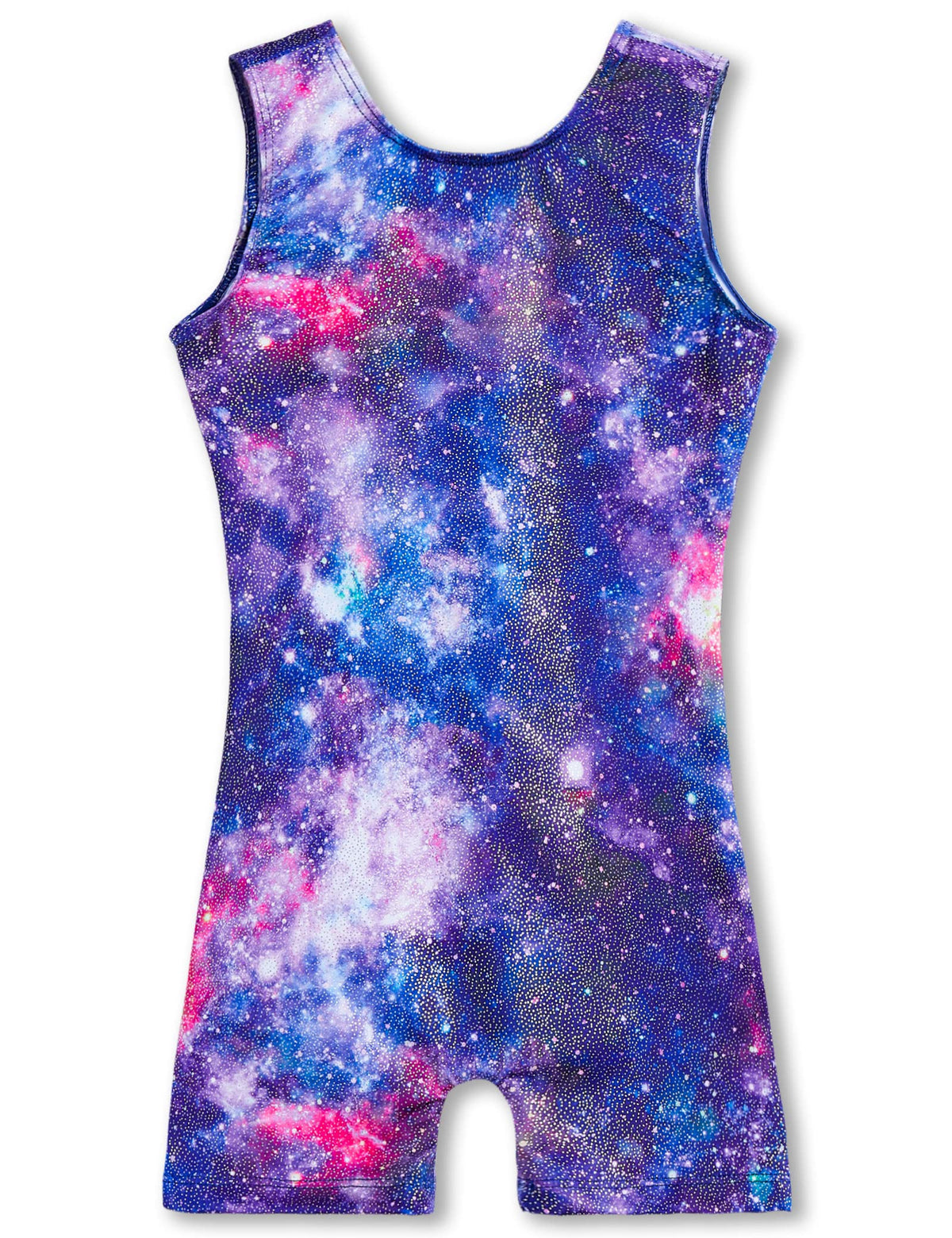 TENVDA Girls Leotards for Gymnastics Size 6-7 Years Old Sparkly Starry Sky Blue Sleeveless Biketard Stretchy Tumbling Unitards