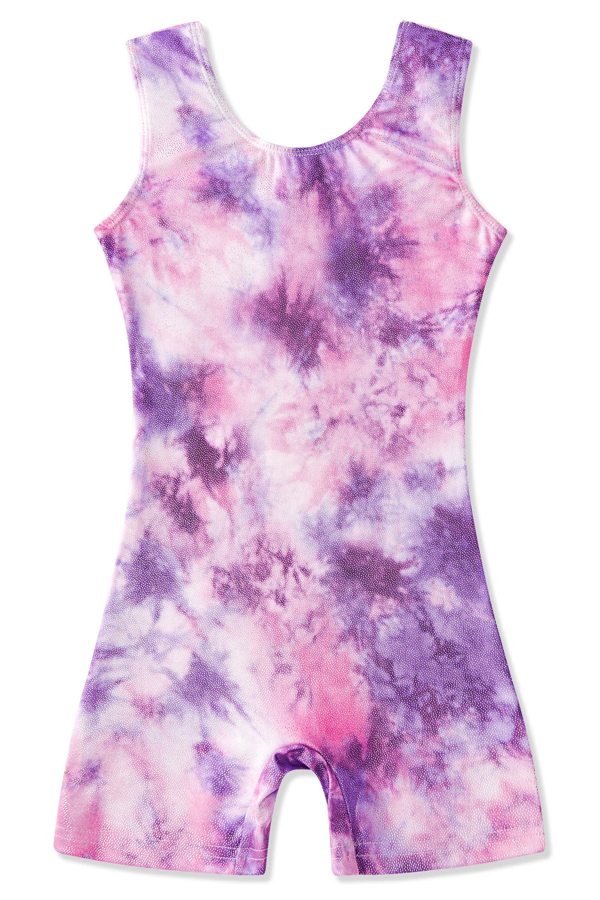 Funnycokid Gymnastics Leotards for Girls Purple Tie Dye Outfits Sparkly Sleeveless Biketard Unitards with Shorts 5 6Years