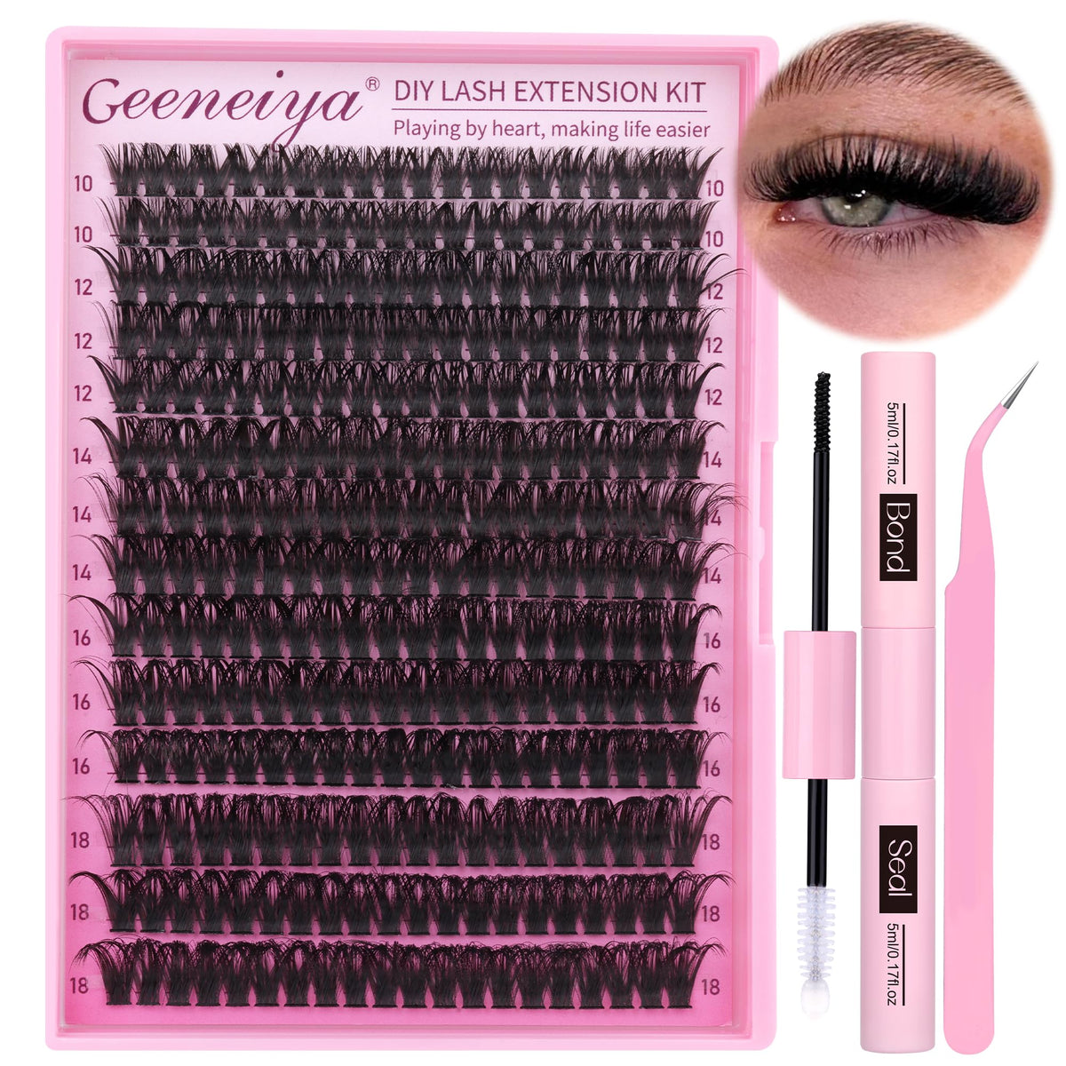 Geeneiya Full Lash Extension Kit 10-18MM Volume Eyelash Extension Kit D Curl Cluster Lashes Individual Eyelashes Kit with Waterproof Lash Bond and Seal, Lash Tweezers (10-18MM, 280Pcs, 70P)