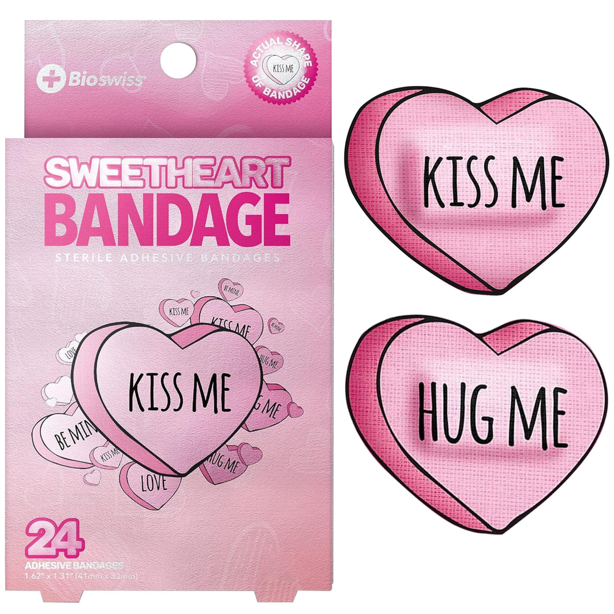 BioSwiss Bandages, Valentine Heart Shaped Self Adhesive Bandage, Latex Free Sterile Wound Care, Fun First Aid Kit Supplies for Kids, 24 Count