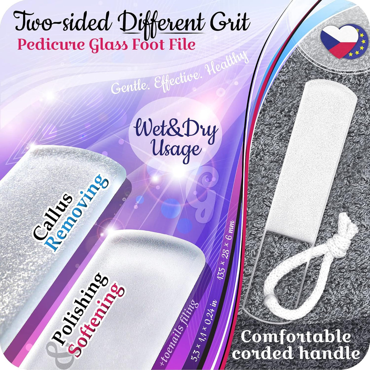 GLADZY Glass Nail File Set – Czech Crystal Nail Files for Natural Nails, Glass Foot File Callus Remover, Professional Manicure & Pedicure Kit for Fingernails & Toenails with Case and Towel, Made in EU