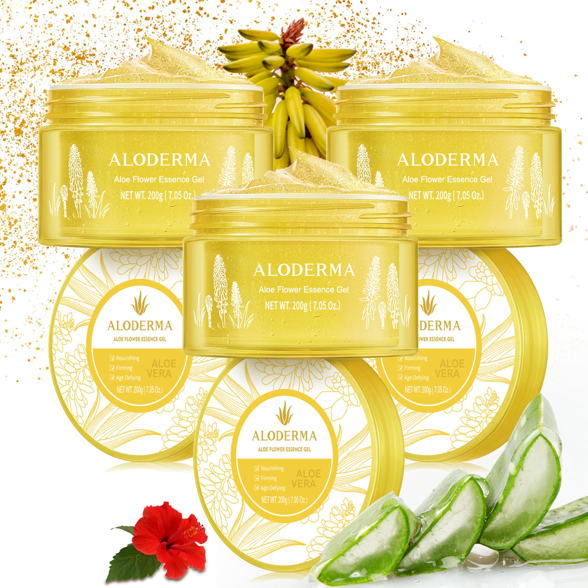 Aloderma Age-Defying Aloe Flower Essence Gel with 24K Gold Leaf, Made within 12 Hours of Harvest - Luxurious Aloe Gel with Allantoin & Hyaluronic Acid for a Shimmering, Youthful Complexion, 7oz 3-Pack