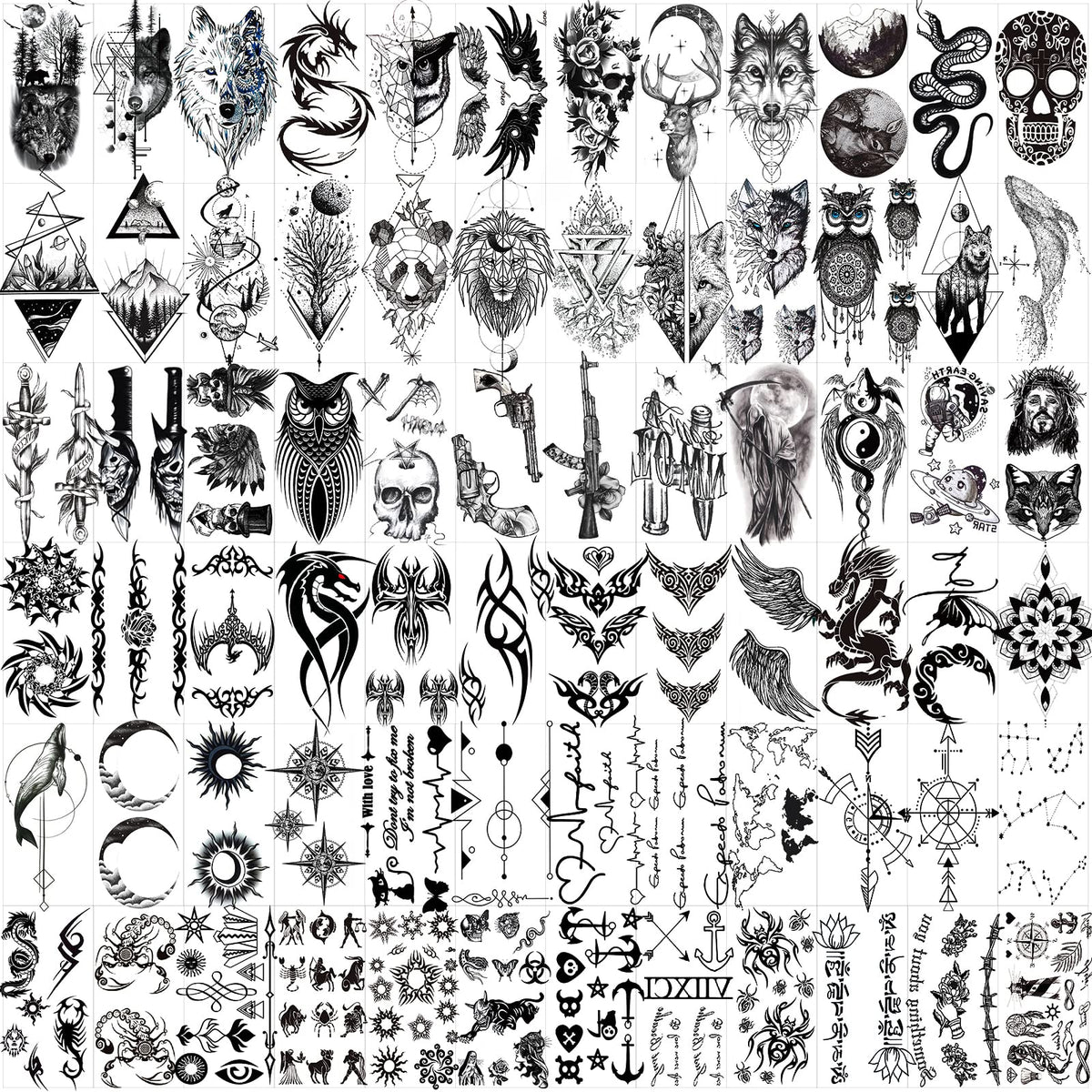 Hotoyannia 72 Sheets Halloween Tiny Temporary Tattoos Stickers, Fake Tattoos That Look Real And Last Long, Halloween Tattoos Include Black Scary Wolf Lion Tiger Skeleton Skull