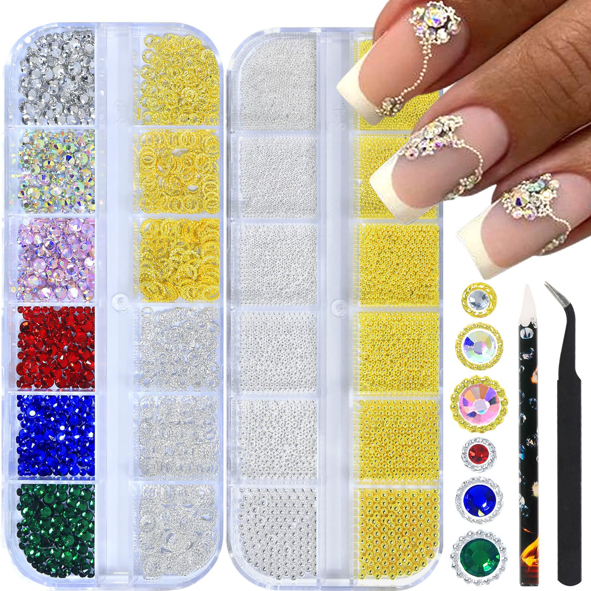 HNUIX Nail Charms Studs - 3D Multiple Colors, Flat Back Rhinestones, Caviar Beads, Round, Gold Silver, with Kit, for Nail Art