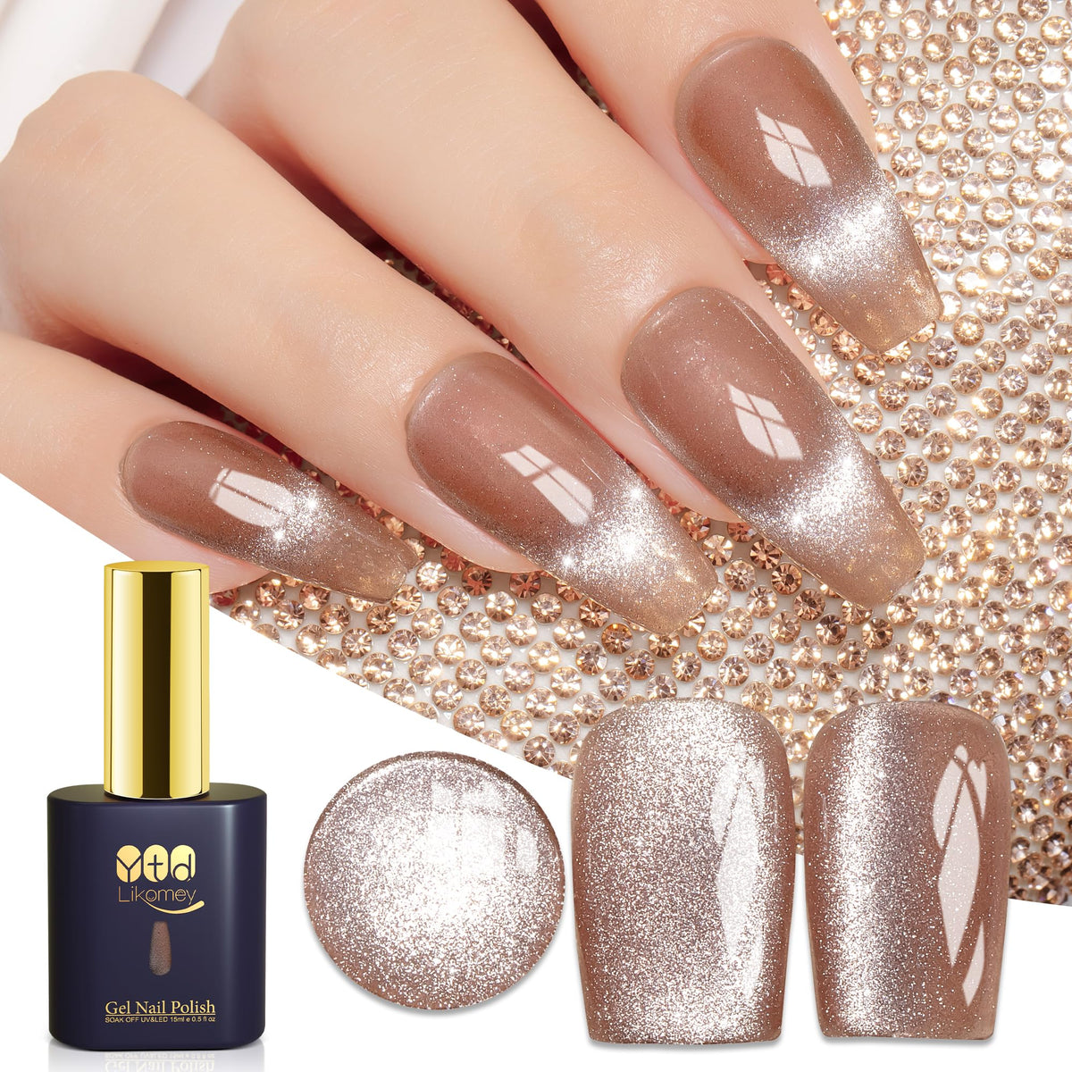 YTD Likomey Cat Eye Gel Nail Polish,15ml Champagne Gold Holographic Translucent Neutral Jelly Sheer Shiny Magnetic Glitter UV Nail Gel Varnish with Magnet Stick,MY331