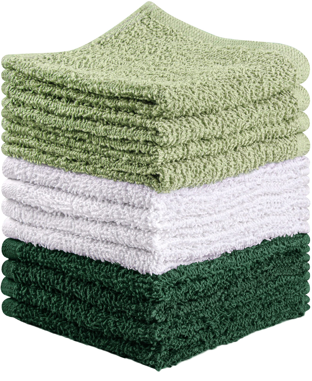 Towel and Linen Mart 100% Cotton - Wash Cloth Set - Flannel Face Cloths, Highly Absorbent and Soft Feel Fingertip Towels (Hunter Green, White & Sage Green, Pack of 12)