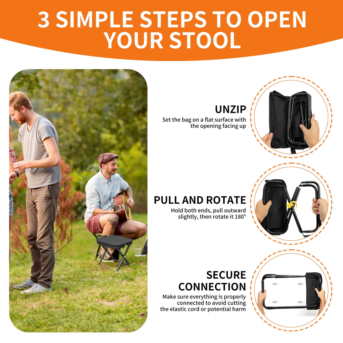 2 Pack Portable Stool with Carry Bag, 10.6 Inch Small Folding Stool for Adults, Ultralight Black Camping Stools for Picnic, Hiking and Fishing, Hold Up to 220 LBS