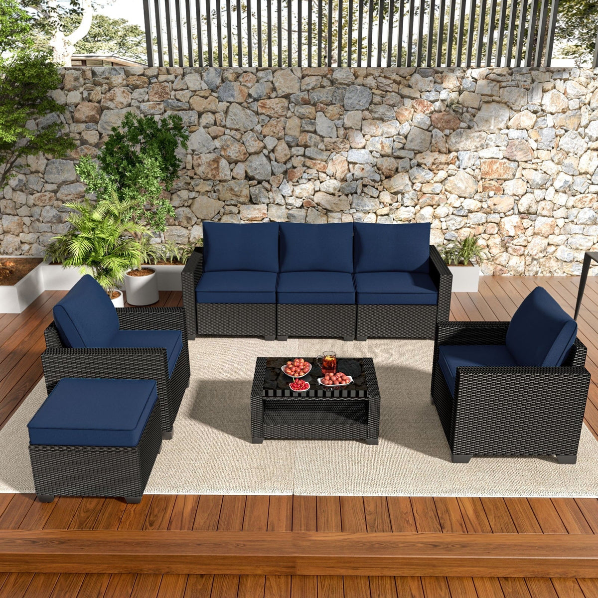 Opemtdo Sofa 7-Piece Modular Outdoor Wicker Sectional Patio Furniture Set with Ottoman and Two-Tier Coffee Table, Brown