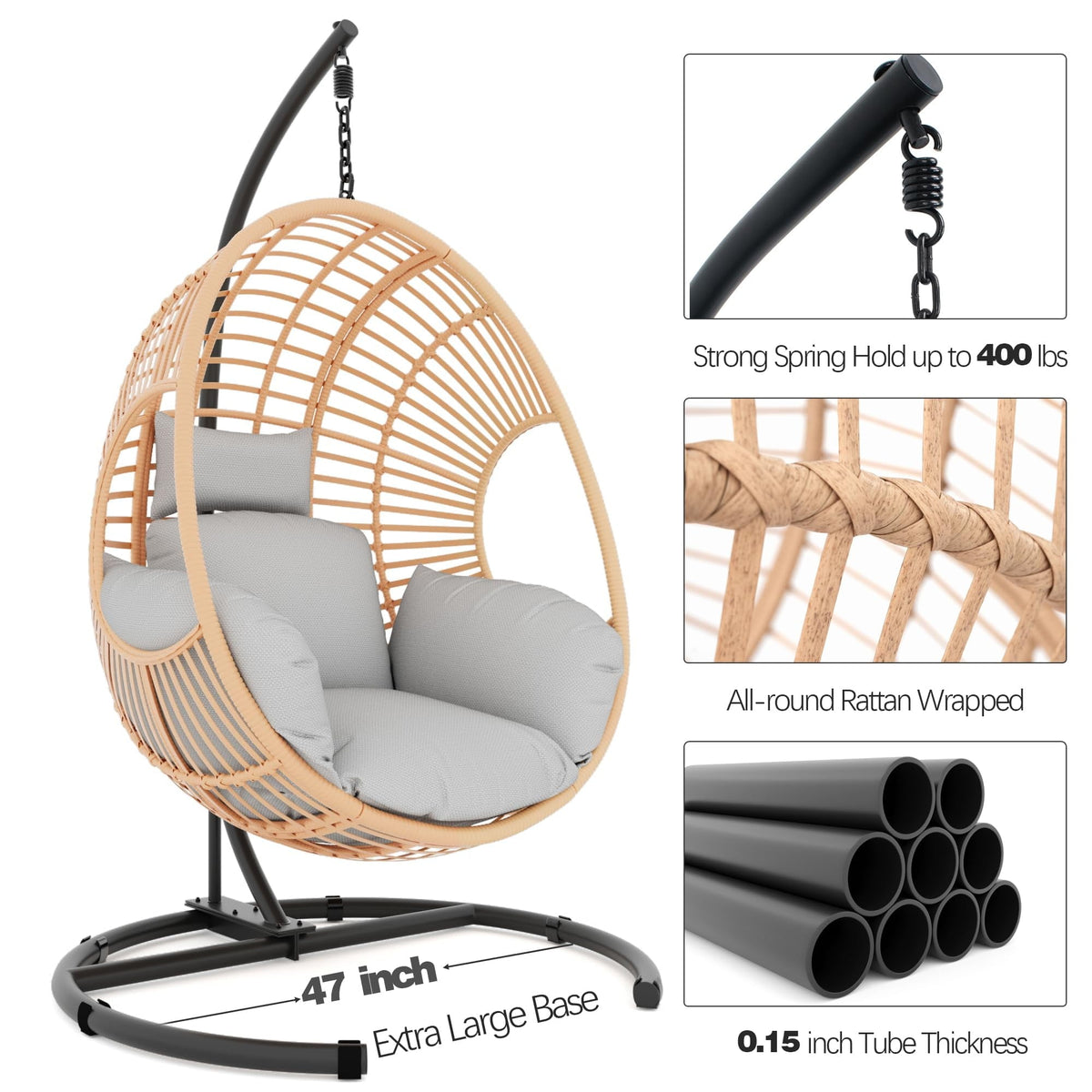 TQKVIPI Oversized Hanging Egg Chair Outdoor Indoor, Wicker Swing Egg Chair with Stand  Rain Cover UV Resistant Cushion 400lbs Capacity for Bedroom, Patio, Garden and Balcony (Beige-Regular)