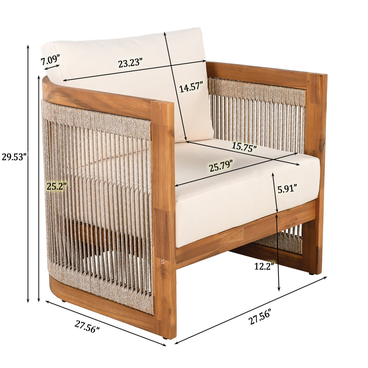 Christopher Knight Home Outdoor Wood Lounge Chair with Woven Rope Accents, Beige Cushion