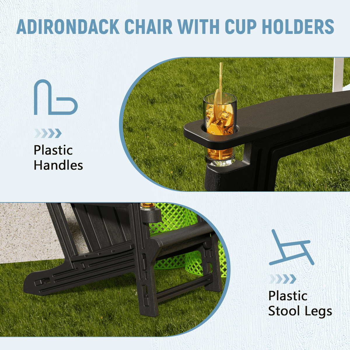 Chiccushion Adirondack Chair with Cup Holder, HDPE All-Weather Patio Chairs for Poolside, Backyard, Deck, Fire Pit, Black