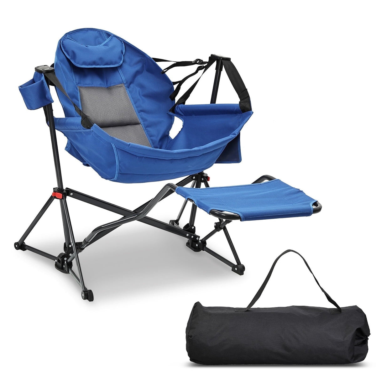 Ainfox Outdoor Hammock Camping Chair with Footrest, Foldable Portable Rocking Chairs for Adults Outside Swinging Camp with Cup Holder Pillow,Blue