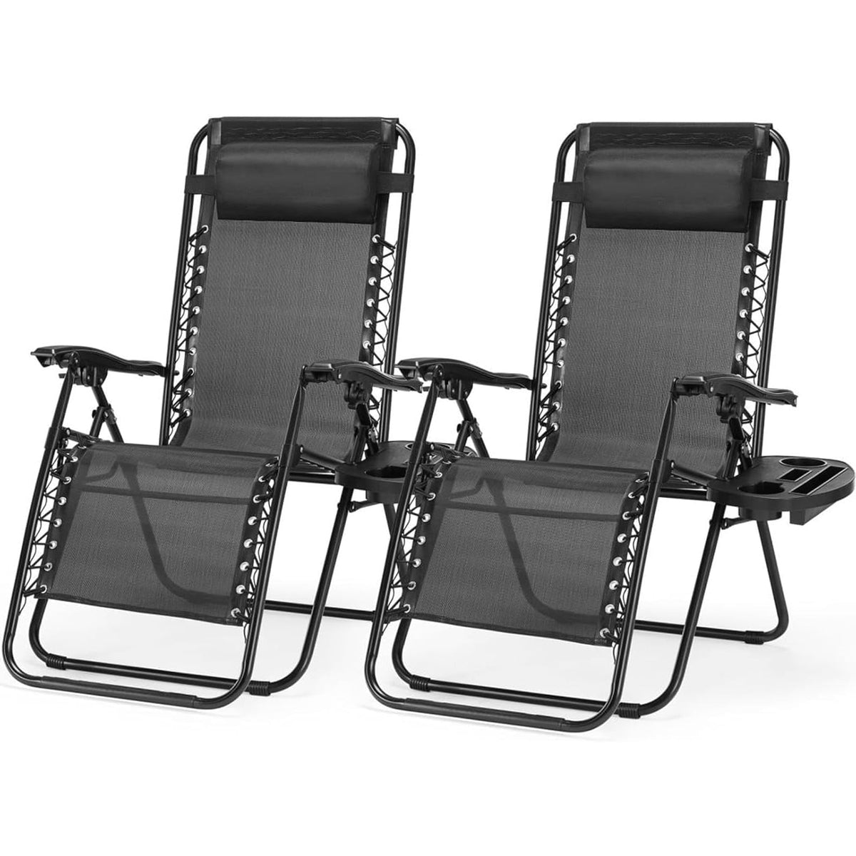 Atilioo Zero Gravity Chairs Set of 2, Adjustable Folding Recliner, Portable Lounge Chair with Steel Frame, Mesh Fabric, Cup Holder Trays & Pillow for Beach, Camping & Patio, Black