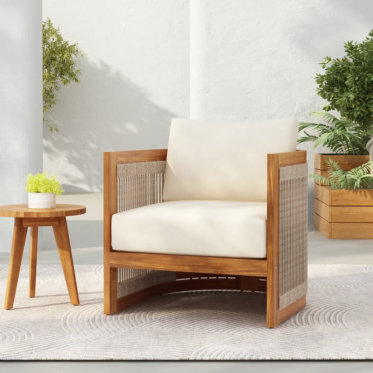 Christopher Knight Home Outdoor Wood Lounge Chair with Woven Rope Accents, Beige Cushion