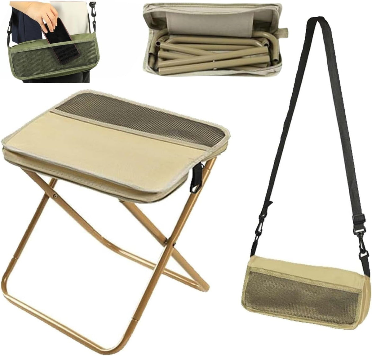 Foldable Backpack Stool, Mountaineering and Hiking Portable Stool, Pocket Handbag Stools, Lightweight Outdoor Seat with Adjustable Strap, Outdoor Zipper Pack Folding Chair for Travel Fishing