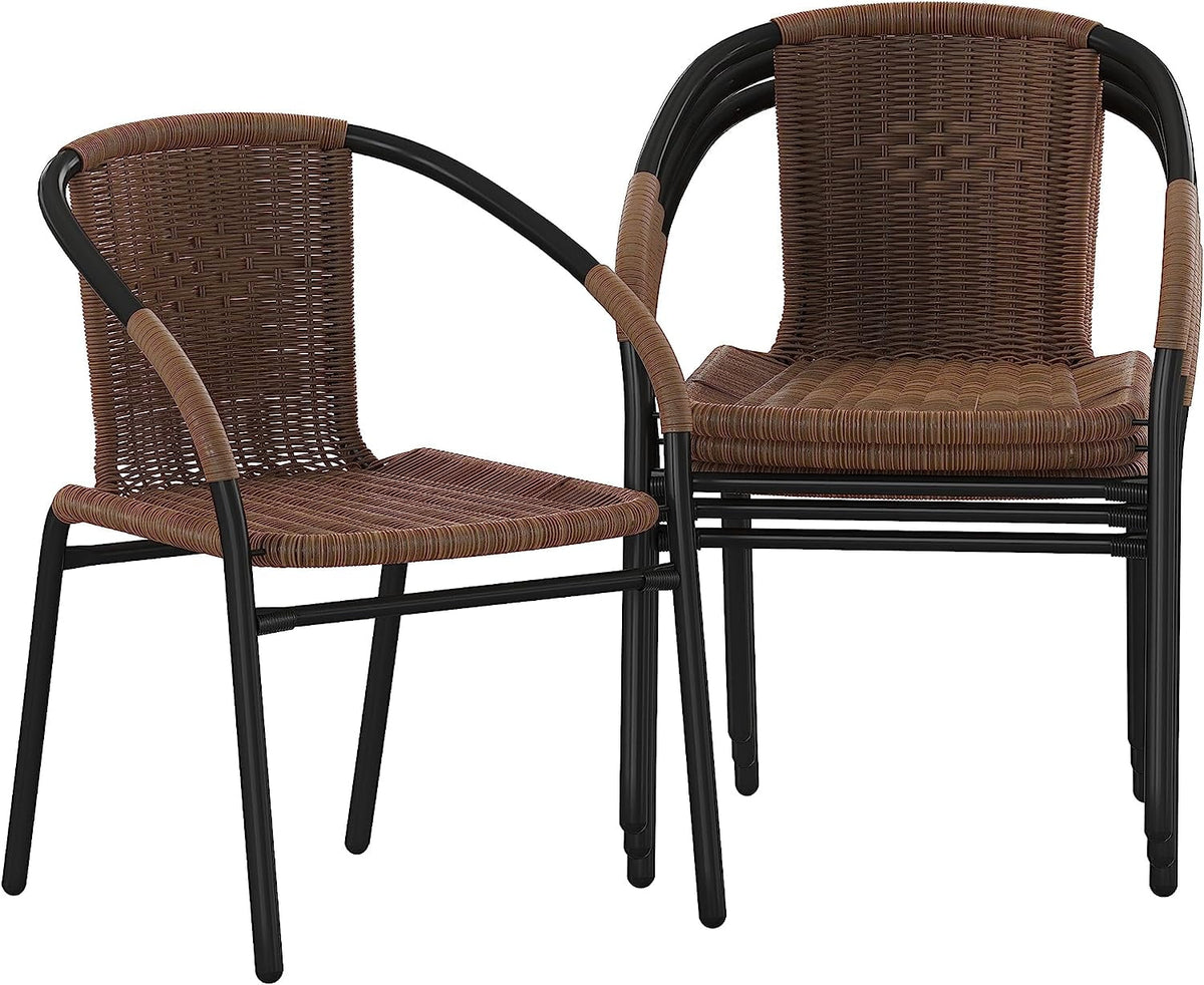 Jumpeak Lila Modern Rattan Indoor/Outdoor Stackable Dining Chairs, Stacking Rattan Bistro Chairs for Patio or Restaurant, Set of 4, Brown