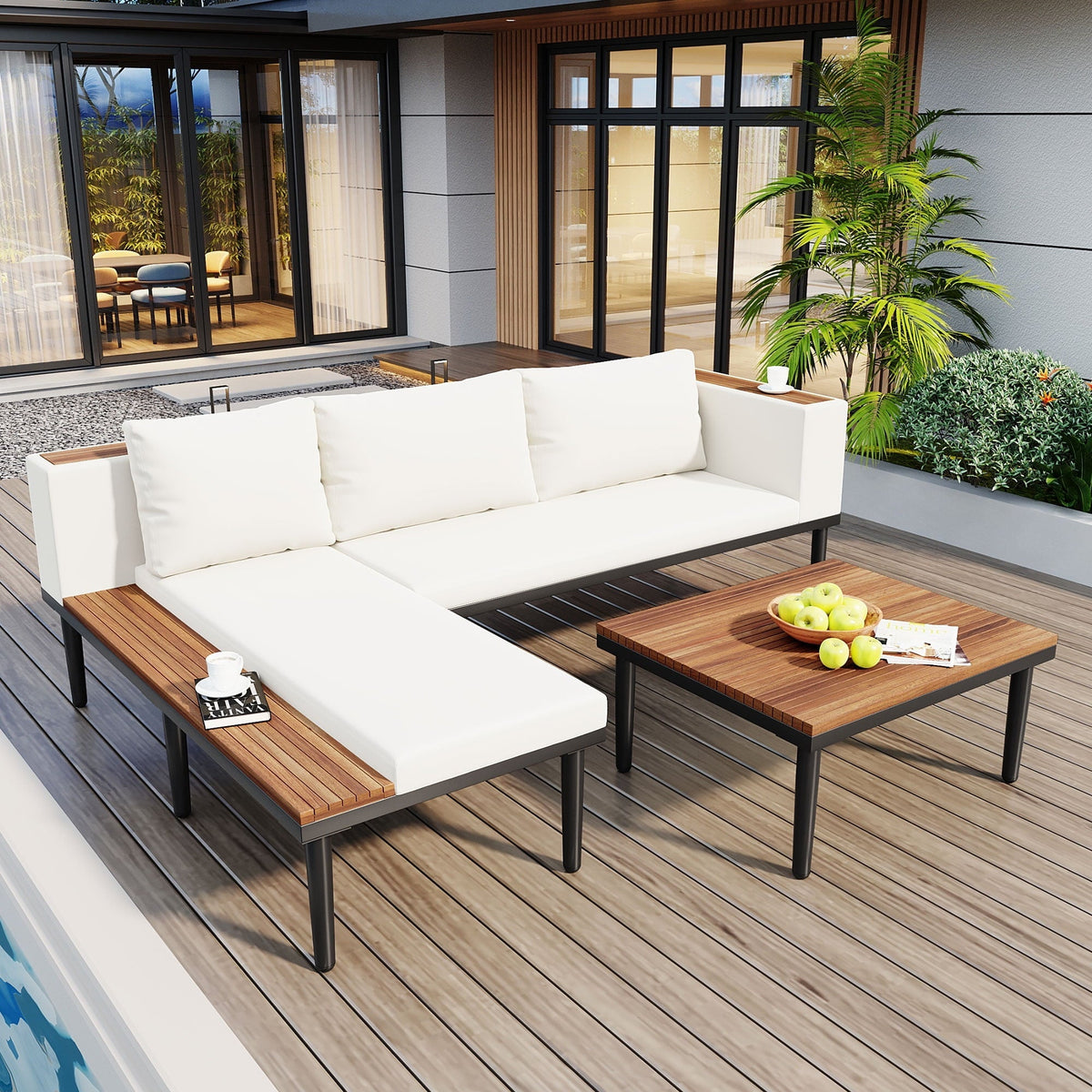 Luxury Patio Furniture Set with Removable Cushions and Coffee Table, L-Shaped Acacia Wood Sofa with Side table, Outdoor Conversation Sectional Sofa for Backyard, Porch, Beige