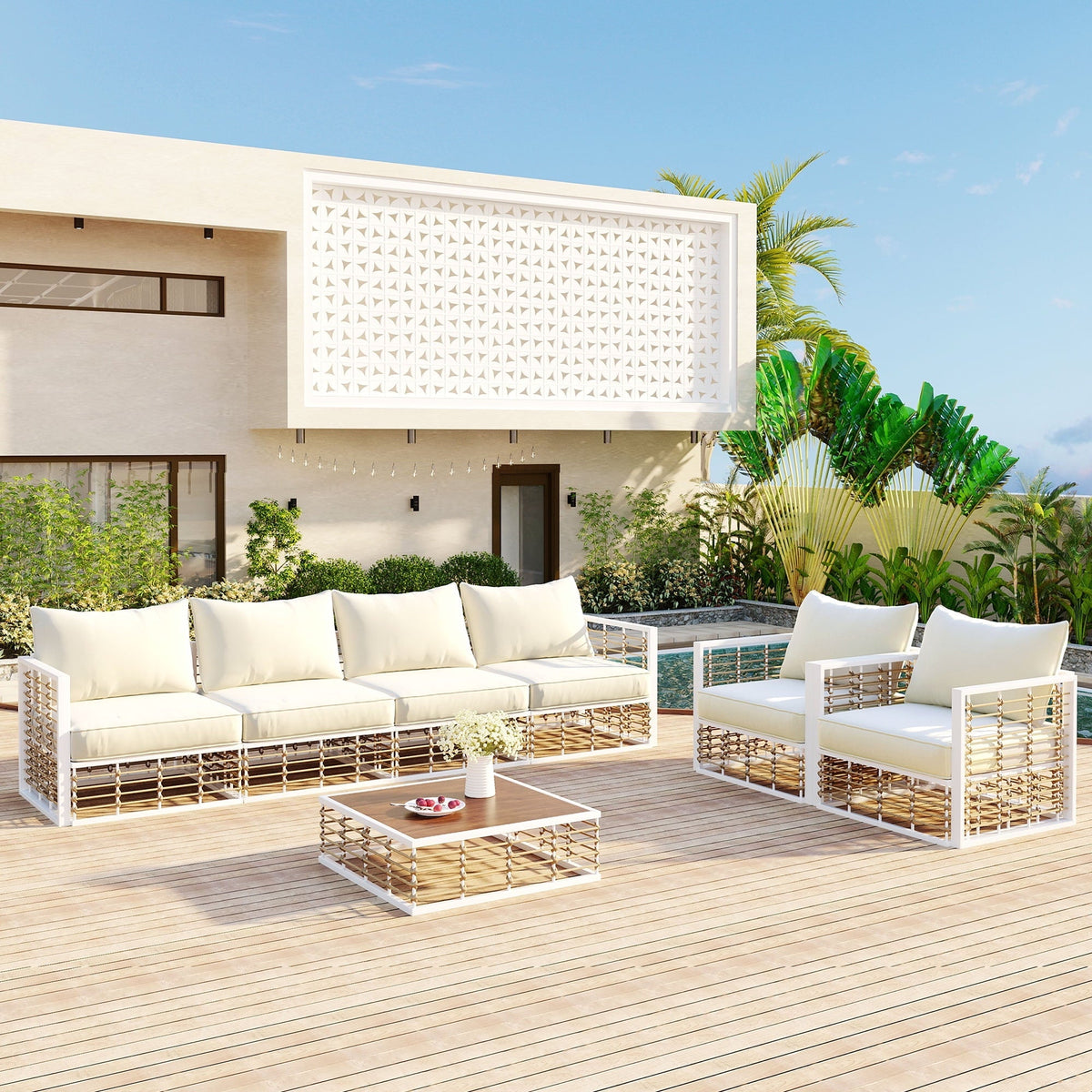 Olurrisa 7-Piece Metal Patio Sectional Sofa Set, All-Weather Garden Conversational Furniture Set with Thick Cushions and Coffee Table Modern Minimalist for Indoor Outdoor, White
