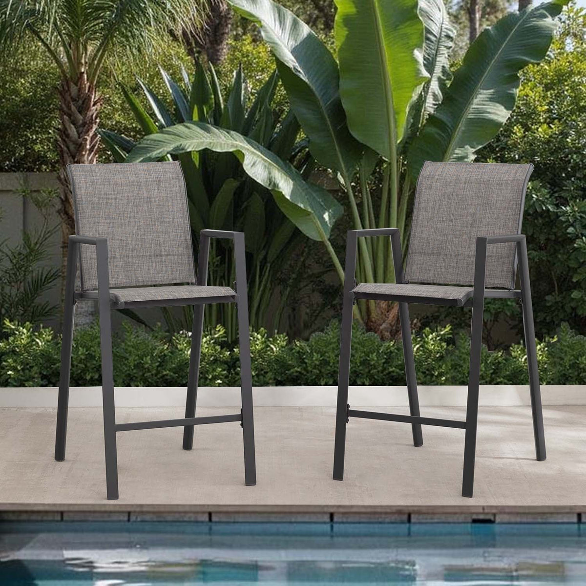 Outdoor Bar Stools Set of 2, High Back Metal Barstools with Armrest, All-Weather Patio Stools for Balcony or Deck, Gray