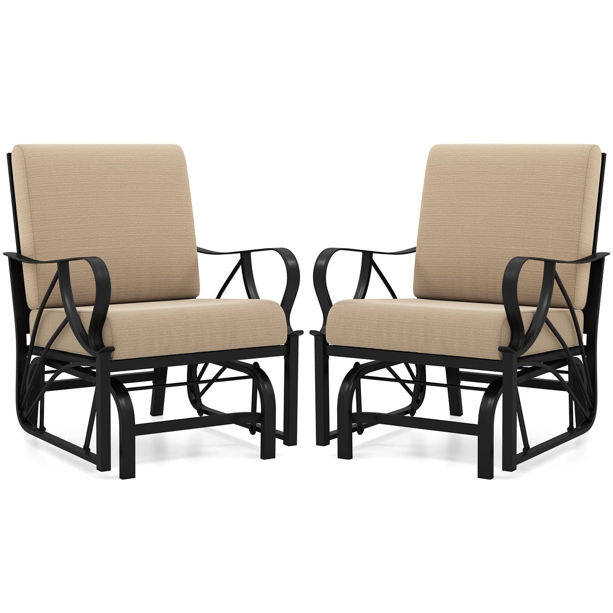 Topbuy 2 Pcs Outdoor Glider Chair Smooth Rocking Single Chair w/ Thick Cushions & Heavy-Duty Metal Frame Tan