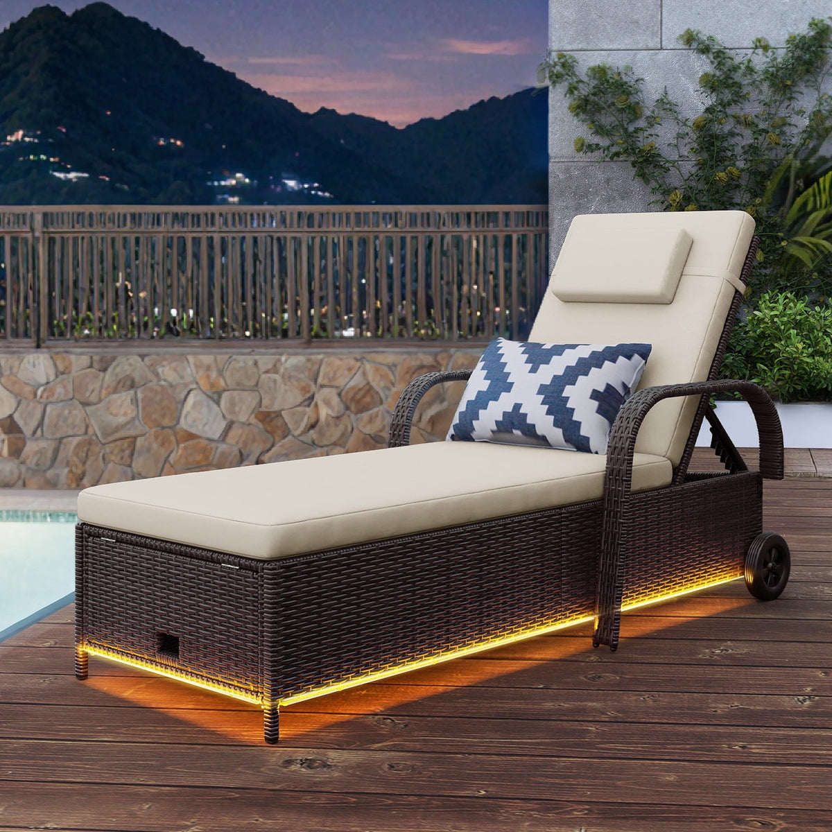Uforic LED Outdoor Lounge Chair with 5-Level Recline, Wheels, Storage, Patio Wicker Chaise, Brown/Beige