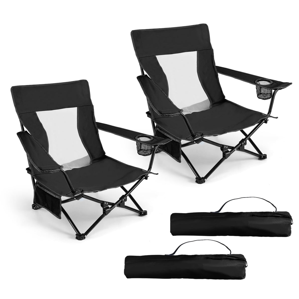 Hasteel Folding Beach Chair for Adults, Low Seat Camping Chair with High Back, Wide Seat Chair with Cup Holder & Carry Bag, Heavy Duty Portable Chair for Outdoor Picnic Travel (2 Pack of Black)