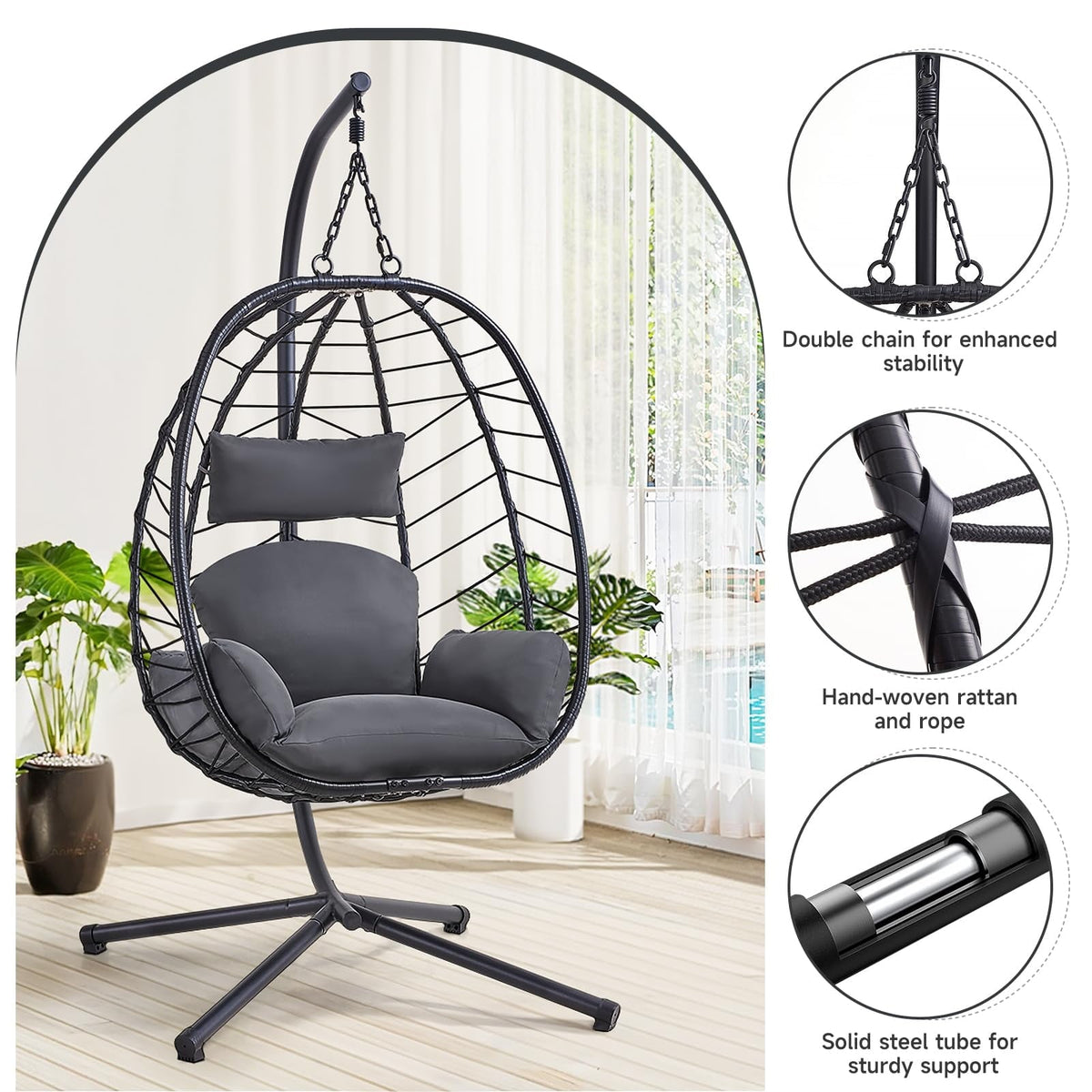 Onbrill Hanging Egg Chair with Stand, Outdoor Indoor Rattan Wicker Egg Swing Chair with Dual Chains, Dark Gray