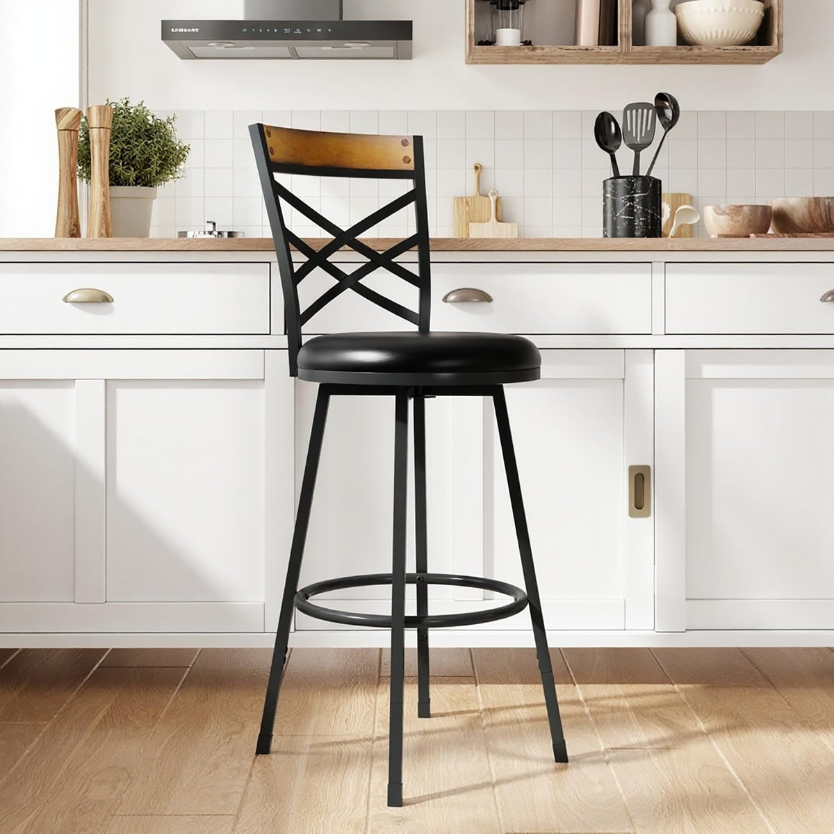 BOSHIRO Swivel Bar Stools Set of 2, 24–29” Adjustable Height Leather Kitchen Counter Chairs, 360° Rotation, Antique Bronze Frame, Black