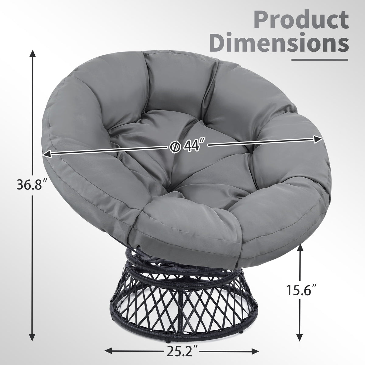 Melocadol Oversized 46" Papasan Chair, Fluid 360° Swivel with Cushion, Durable Frame for Indoor & Outdoor, Black Frame with Dark Grey Cushion
