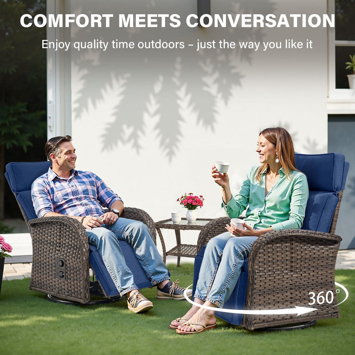 Bellefurn Outdoor Swivel Recliner Chairs,Patio Wicker Recliner Chairs Outdoor Lounge Chairs with Thickness Cushions,Adjustable Angle,Reclining Lounge Chair for Outdoor,Fire Pit,Pool,Garden