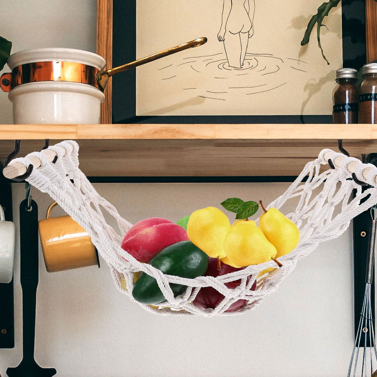 WEAVILUX 1Set Fruit Hammock for Garden and Kitchen Use with Cotton Rope and Wood Material