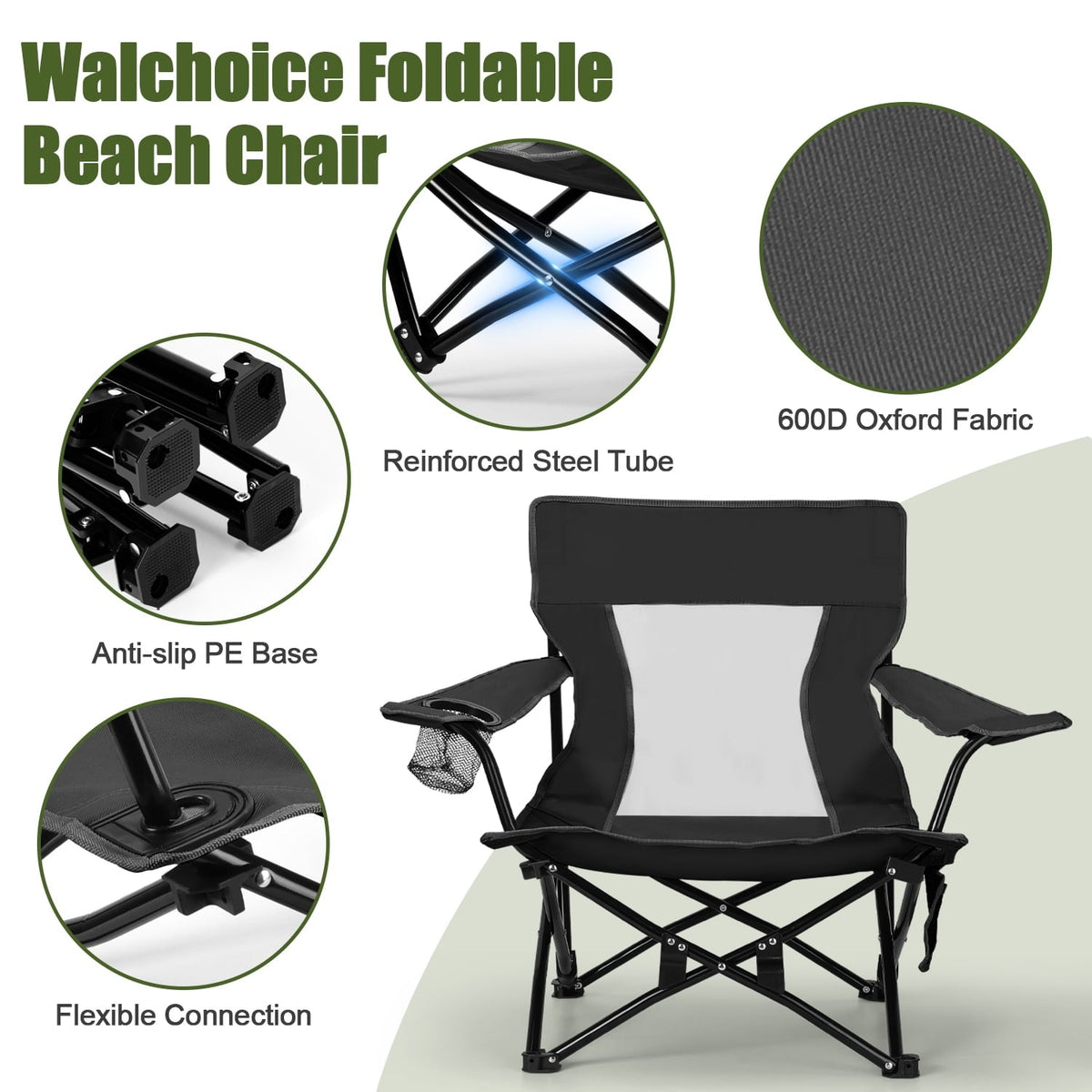 Hasteel Folding Beach Chair for Adults, Low Seat Camping Chair with High Back, Wide Seat Chair with Cup Holder & Carry Bag, Heavy Duty Portable Chair for Outdoor Picnic Travel (2 Pack of Black)
