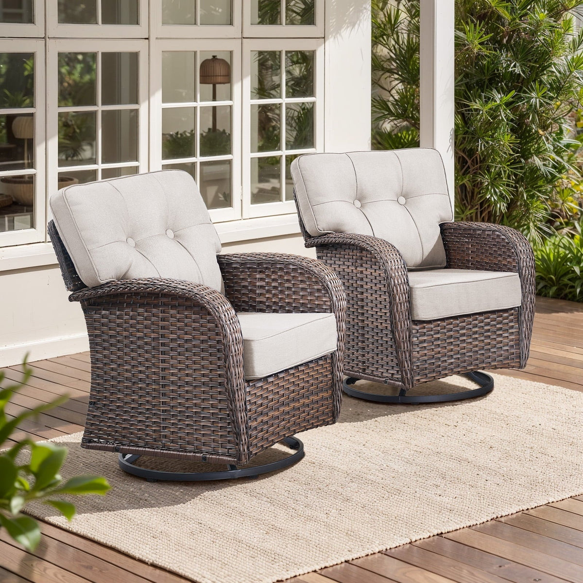 OPOHORO Outdoor Glider Chairs Set of 2, Brown Wicker Patio Furniture Swivel Rockers with T Shape-Back Cushions and 5" Thick Foam, Ideal for Porch and Yard, Beige