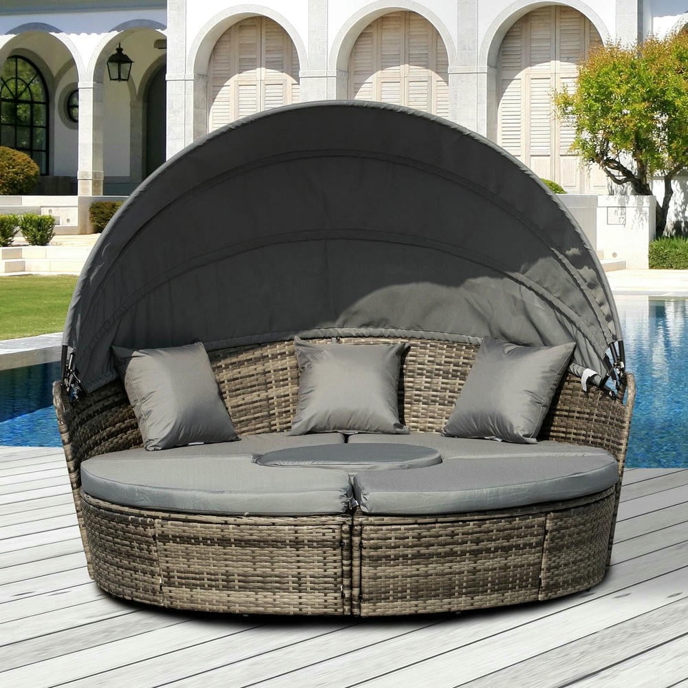 YYAo Outdoor Daybed Set, Sunbed Set,4-Piece Round Convertible Daybed, Outdoor PE Rattan Patio Wicker Sofa Set with 2 Chairs, Table, 3 Pillows, Gray