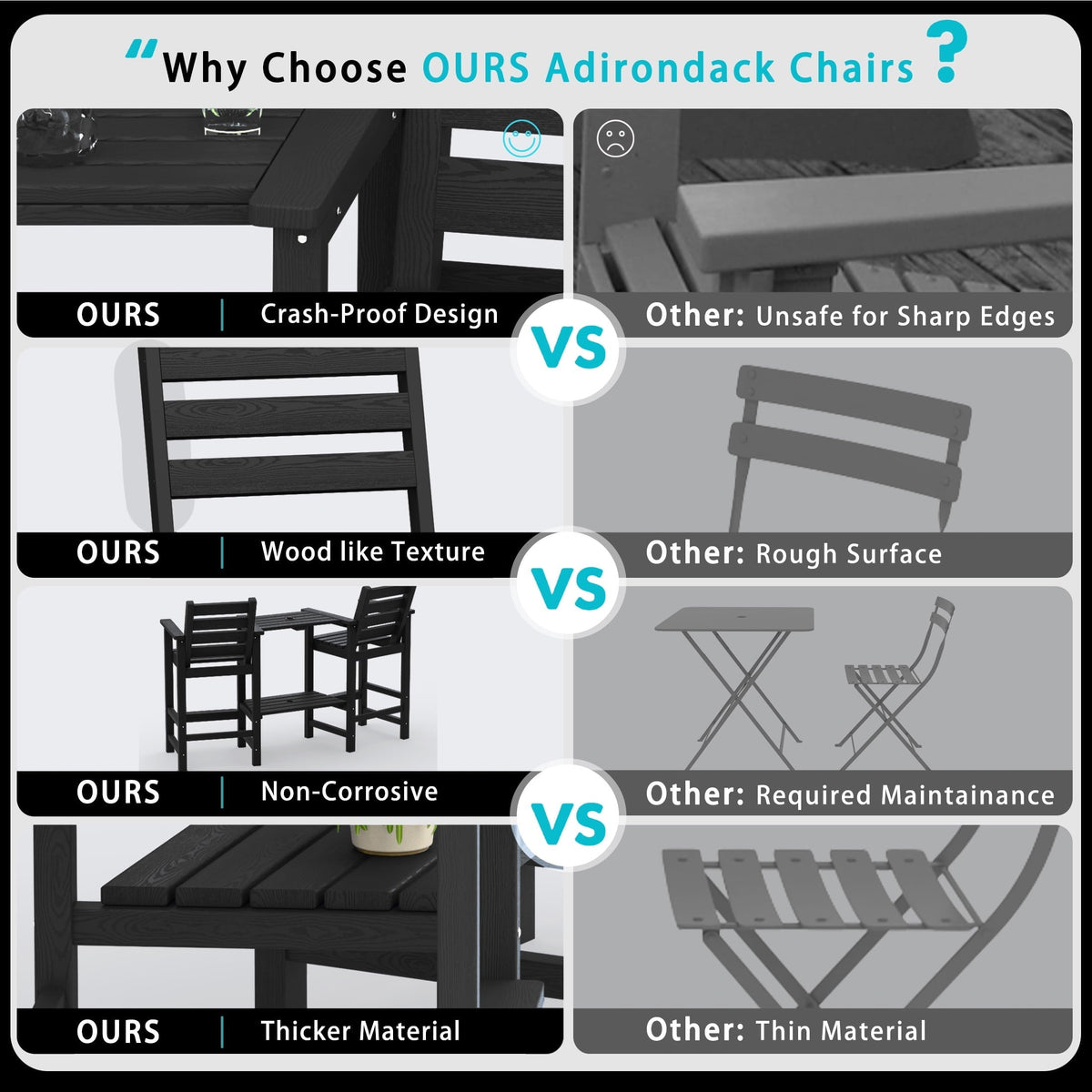 AreShark HDPE Tall Adirondack Chair Set with Removable Double Trays (Set of 2) Black