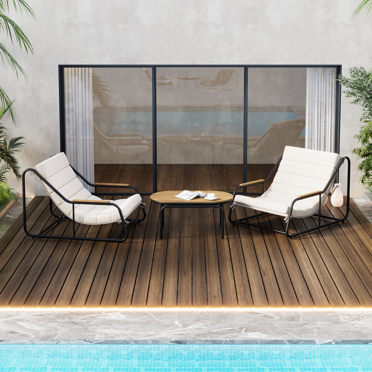 Euroco Outdoor Chaise Lounge Chairs Set with Acacia Wood Table,Pool Lounge Chairs for Lawn,Beige+White