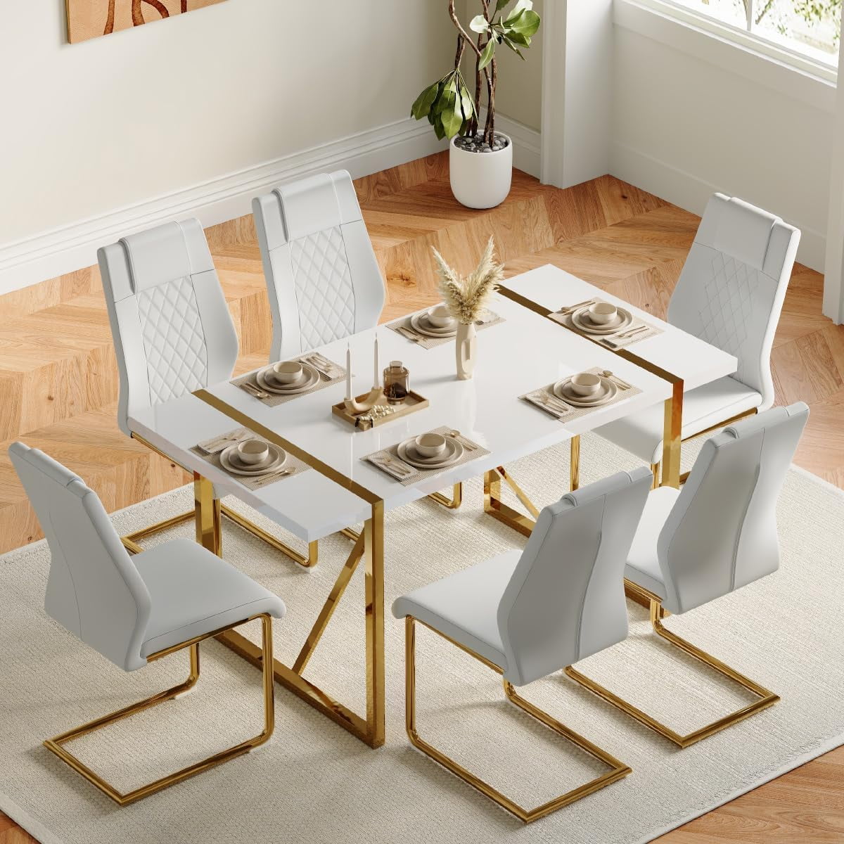 JUFU Set of 4 White Faux Leather Dining Chairs with Gold Metal Legs, Upholstered High Back Chairs for Dining Room Kitchen