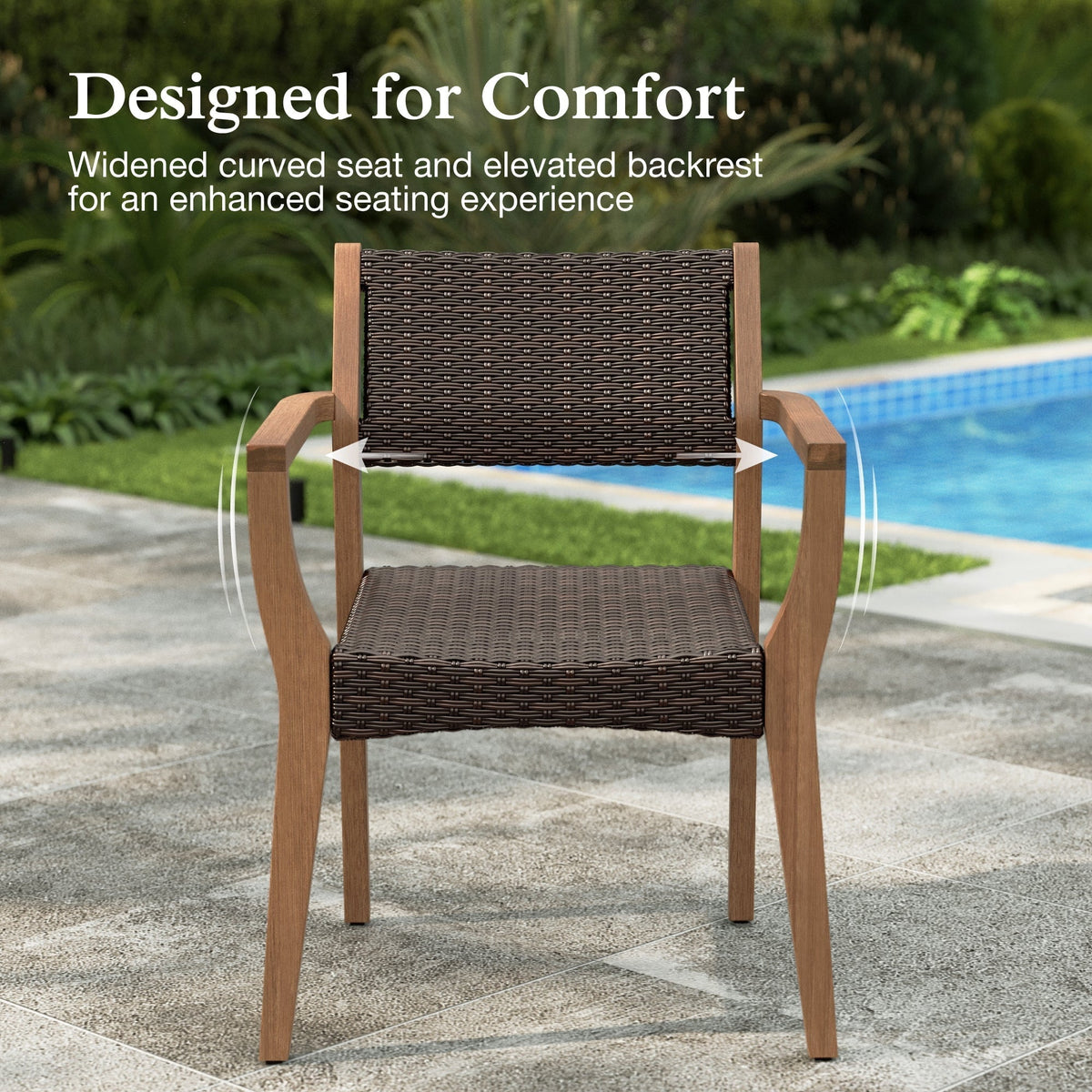 Alpha Joy Wicker Rattan Outdoor Patio Dining Chairs with Acacia Wood Structure - Set of 2, Dark Brown