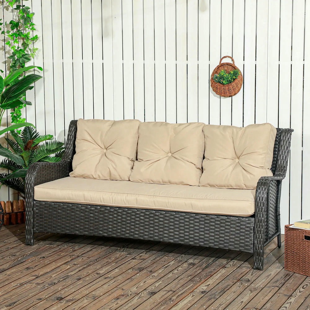 GVN Outdoor Couch Patio Sofa,3-Seater Outdoor Sofa w/ 4" Thick Cushions, Outdoor Couch, Beige