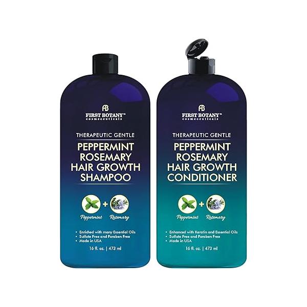 First Botany, Peppermint Rosemary Hair Regrowth and Anti Loss Shampoo Conditioner Set - Daily Hydrating, Detoxifying, Volumizing Fights Dandruff For Men Women 16 fl oz x 2