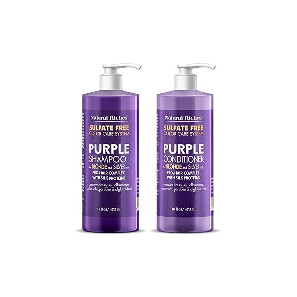 Natural Riches Purple Shampoo and Conditioner Set Sulfate Free Salon Grade for Silver Blonde Platinum Hair. Removes Yellow & Brass tones. Grey Highlighted Hair 16x2 fl oz