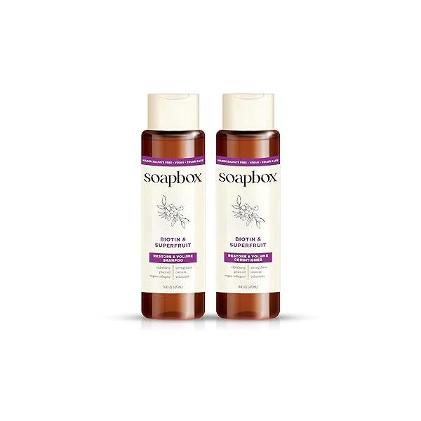 Soapbox Biotin & Superfruit Shampoo Conditioner Set with Vegan Collagen, Aloe and Shea Butter, Pack of 2 Harsh Sulfate Free, Paraben Silicone 16 Ounces Each
