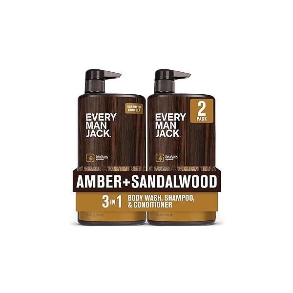Every Man Jack Amber + Sandalwood Hydrating Mens 3-in-1 All Over Wash for Skin and Hair Types - Body Wash, Shampoo Conditioner with Naturally Derived Ingredients 28.8oz (2 Pack)