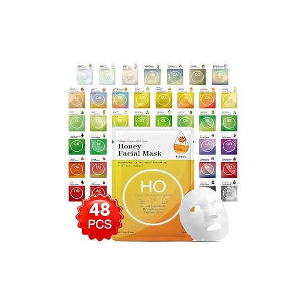 VESPRO Collagen Essence Sheet Facial Masks (48 Pack), Bulk for Face, Skincare All Skin Types, Moisturizing and Soothing, Natural Care Spa Face Mask