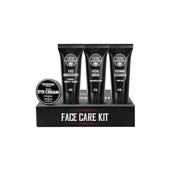 Viking Revolution Mens Facial Skin Care Kit - Includes Rejuvenating Face Moisturizer (5oz) Microdermabrasion Scrub Foaming Cleanser Eye Cream (1oz)