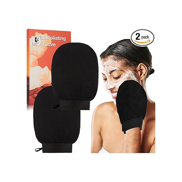 Exfoliating Glove Body Scrubber, Scrubber Mitt for Normal to Dry Skin, Exfoliator Self-Tan Removal and Applicationin, Made of Viscose Fiber （2 Black）