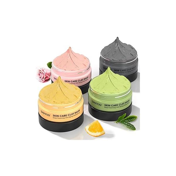 4 Pcs Clay Facial Mask Set - Turmeric, Vitamin C, Green Tea, Dead Sea Mud, and Rose Skin Care for Deep Cleansing, Moisturizing, Refining Pores 240g