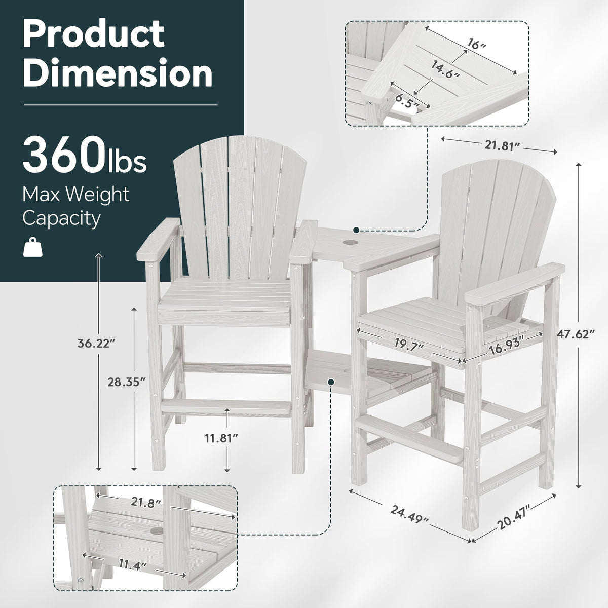 SERWALL Tall Adirondack Chairs Set of 2 with Double Layer Connecting Tray, HDPE Bar Height Outdoor Chairs, for Patio, Balcony, Porch, Pool, White